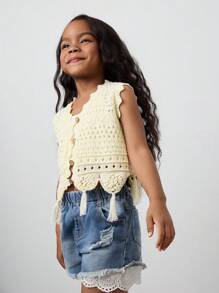 Maija Kids Maija Kids Spring/Summer Young Girl's Solid Apricot Hollow Out Crochet Sleeveless Floral Hem Casual Knit Short Cardigan, Versatile For Outdoor, Beach,