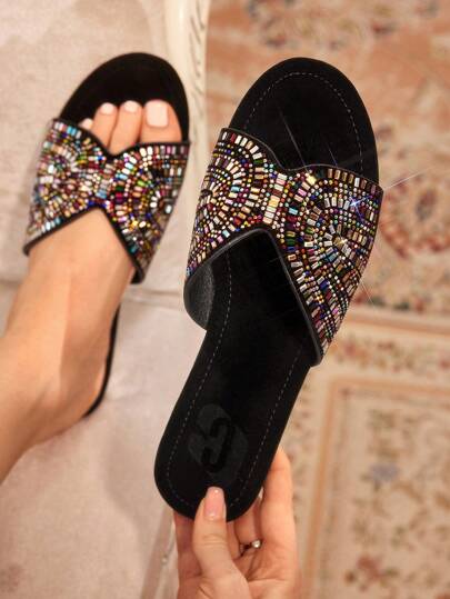 CUCCOO TILAWA New Outdoor Women Flat Sandals, Pointed Toe Fashion Colorful Rhinestone Black Velvet Slippers, Soft Sole Casual Comfortable Party Commuting Summer Shoes For Women Spring Shoes Spring Break Easter For Christmas Valentine's Day