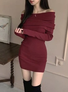 DAZY Women's Bodycon Off Shoulder Sweater Dress With Oversized Collar,Fall Women Clothes Red Women Dresses - Burgundy - View 3