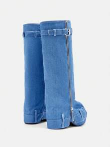 CUCCOO CURVES Plus Size Women Vintage Thick Sole Fashion Round Toe Shark Hem Belt Buckle Long Boots For Autumn/Winter
