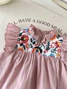 SHEIN Leap Crew Baby Girl Cute Floral Print Ruffle Trim Sleeveless Top, Summer - Pink - View 5