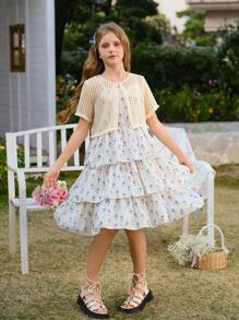 SHEIN 少女针织罩衫和碎花吊带背心蛋糕裙套装，甜美度假风格，适合外出、度假、摄影和派对 - 彩色 - 查看 7