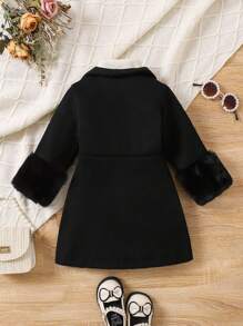 SHEIN معطف فتيات صغيرات من الصوف لفصلي الخريف والشتاء، مع أكمام بتصميم متباين مع حواف فاخرة، تصميم أنيق وراقي ومناسب للخروجات والحفلات والمناسبات - الأسود - مشاهدة 2