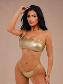 SHEIN Swim 2 件装夏季女士性感派对金属光泽编织肩带沙滩装泳衣套装 - 金色 - 查看 1