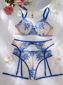 5 件套刺绣大码钢圈性感内衣套装 - 彩色 - 查看 1