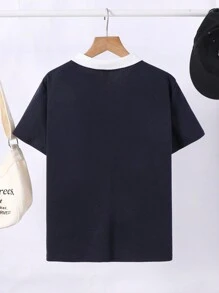 SHEIN 青少年男孩休闲撞色图案 Polo 衫 - 藏蓝色 - 查看 2
