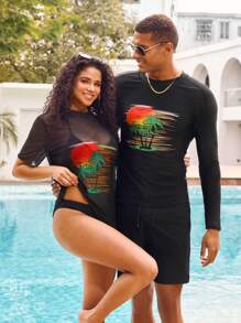 Manfinity Swimmode 2pcs/Set Men Crew Neck Long Sleeve Print Casual Shirt And Shorts Couple Boyfriend Men Swim Trunks