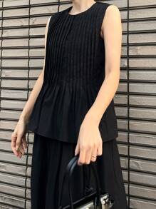 FRIFUL Conjunto de 2 piezas para mujer: Blusa negra fruncida y falda de cintura alta, estilo vintage para vacaciones