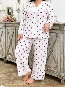 CottageSlumber Plus Summer Heart Print Lace Patchwork Long Sleeve Top & Long Pants Pajama Set, For Valentine's Day