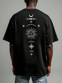 Manfinity EMRG Men's Casual Minimalist Sun, Moon & Star Letter Print T-Shirt - Black - View 5