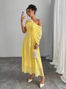 Rafferiza Vestido elegante de unicolor para mujer con chal, para primavera y verano - Amarillo - Ver 4