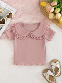 SHEIN Vintaside Kids 3pcs/Set Baby Girls' Summer Cute Peter Pan Collar Solid Color + Striped Multicolor Casual Comfortable Versatile Outdoor Shirts