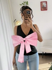 Calvaya Women's V-Neck Sleeveless Contrast Color Pink Bow Decor Blouse