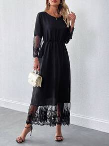 SHEIN Clasi Women's Fashionable Round Neck Floral Lace Patchwork Dress - Black - View 4