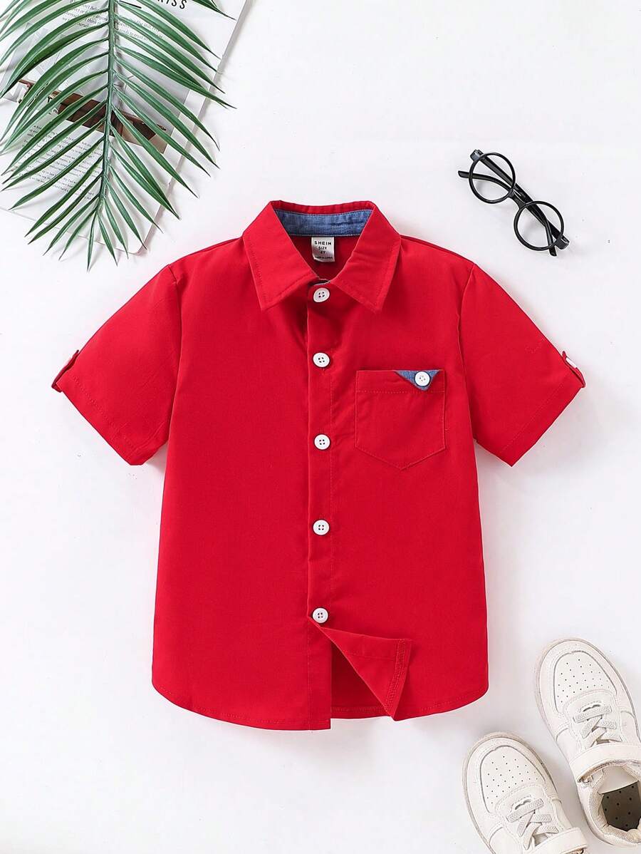 SHEIN Young Boy Valentine's Day Front Button Short Sleeve Pocket Casual Shirt - Burgundy - View 1