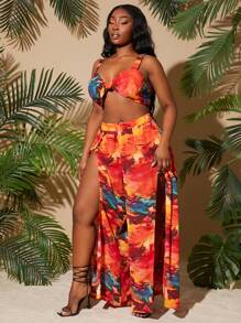 SHEIN SXY Set de 2 piezas de mujer talla grande primavera-verano 2025 con top con nudo y sujetador lindo, y pantalones fluidos y elásticos de cintura alta con abertura lateral de gasa, adecuado para la playa, citas, cumpleaños, despedida de soltera, look lindo y casual, para ir de compras, salir, fácil de combinar y que estiliza la figura.