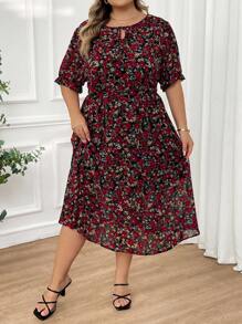 SHEIN CURVE+ Large Print Tie Collar And Waistband Summer Dress, Vacation Dress Boho Vacation