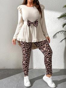 SHEIN Essnce Plus Size damski garnitur, garnitur z kokardą, ładny garnitur, zestawy damskie z kokardą, stroje wyjściowe na wiosnę, swobodny garnitur z nadrukiem w panterkę - Morela - Zobacz 3