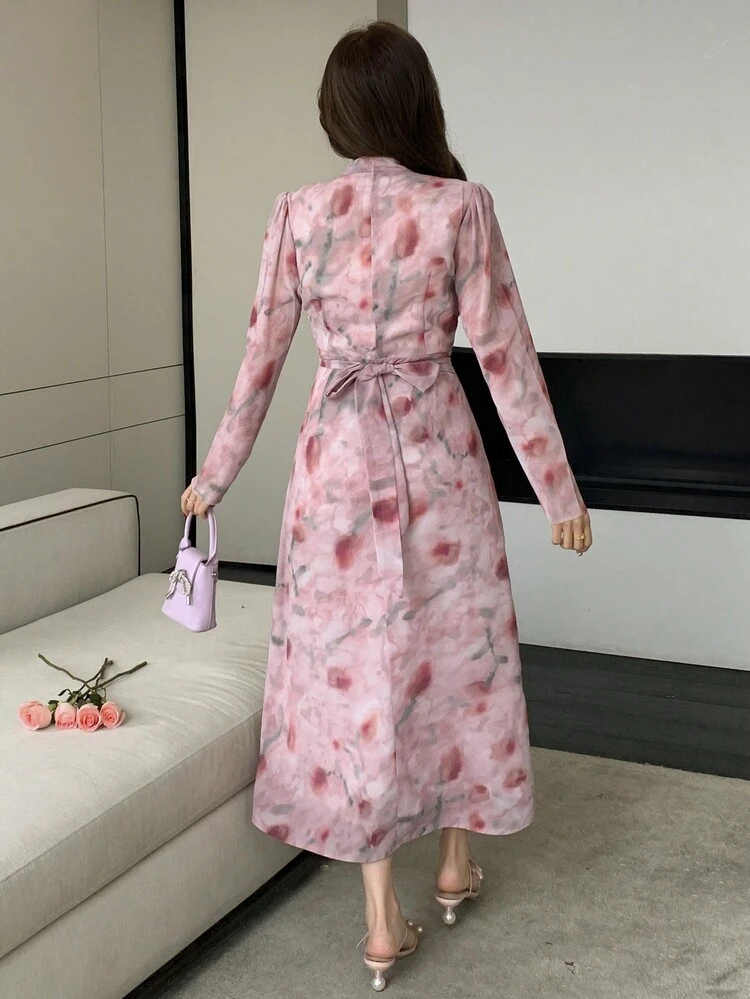 Women Floral Print V-Neck Cinched Waist Dress, Pink, Holidays & Vacation Beach, Spring/Fall Milkmaid Dress Long Sleeve Dress