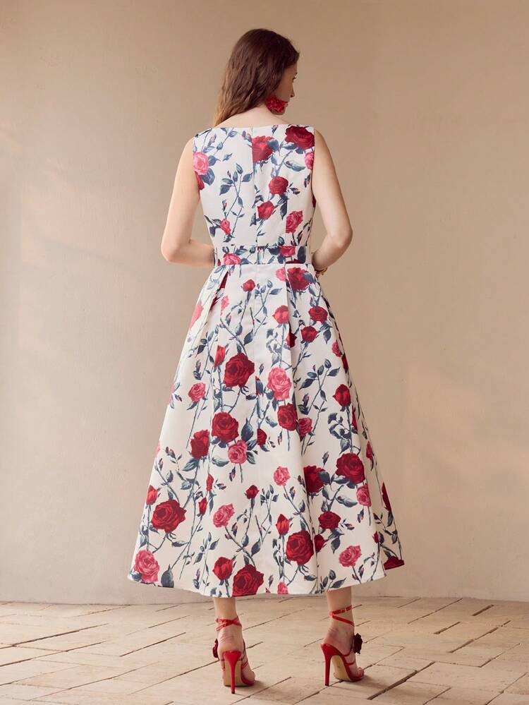 FLORAL PRINT FLARED SLEEVELESS DRESS