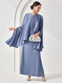 Veilorie Conjunto de top de manga tipo murciélago y falda elegante para mujer, conjunto de estilo árabe
