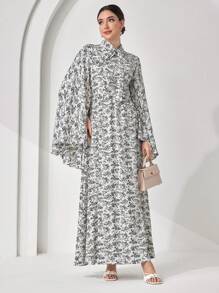 Veilorie Damen Kleid mit ganzflächigem Blumen-Muster, Langarm mit Vorder-Bindung - Schwarz und Weiss - Übersicht 6
