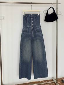 DAZY 女式纽扣前半襟口袋阔腿挂脖牛仔连身裤