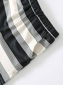 2 pièces Ensemble pull court à manches courtes à col rond et short taille élastique pour bébé garçon, à rayures, en tricot doux - Noir et Blanc - Voir 4