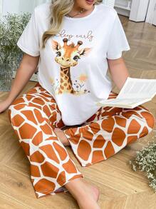 Plus Size Women Giraffe Cartoon Print Round Neck Short Sleeve Top & Pants Pajama Set - Multicolor - View 5