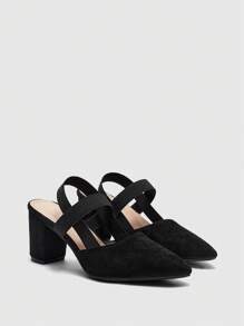 CUCCOO BIZCHIC 女士时尚黑色绒面弹性组合尖头粗高跟鞋，适合通勤、约会、派对、婚礼、度假