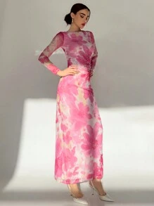 Aloruh 情人节女士粉色花卉印花长袖超长网眼连衣裙 - 彩色 - 查看 3