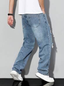 Manfinity LEGND Men's Casual Washed Distressed Straight Leg Jeans - Medium Wash - View 3