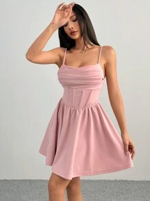 SHEIN PETITE 女士浪漫粉色收腰下摆连衣裙 - 粉色 - 查看 5