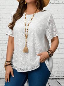 EMERY ROSE 加大码女式夏季圆领短袖白色蕾丝拼布上衣，度假女士，外出上衣，圣帕特里克节，女士夏季，度假女士，简约时尚，适合日常穿着