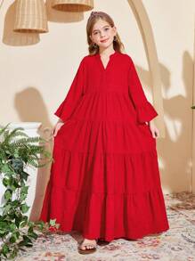 SHEIN Tween Girls' Loose V-Neck Layered Textured Fabric 3/4 Sleeve A-Line Dress - Red - View 7