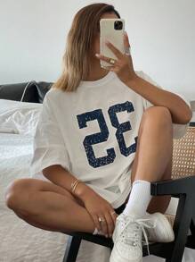 DAZY 女士字母印花圆领休闲宽松短袖 T 恤超大码 T 恤、图案 T 恤 - 白色 - 查看 4