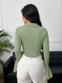 Muchica Women's Solid Color Front Button Long Sleeve Casual Cropped Knit Shirt - Mint Green - View 2