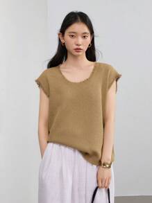 Dazy-Less 女士商务休闲纹理针织纯色简约流苏背心 - 黃色 - 查看 6