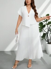 Firerie 2pcs/Set Plus Size Solid Color Front Button Short Sleeve Blouse And Skirt Suit - White - View 1