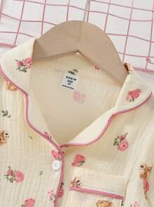 Ensemble de pyjama court à manches courtes pour jeune fille, motif ours et rose mignon, doux et confortable - Multicolore - Voir 5