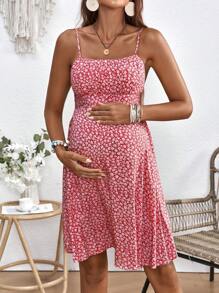 SHEIN Maternity Spaghetti Strap All-Over Print Casual Mini Dress - Red - View 3