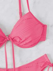 SHEIN Swim 2026 春夏紫红色特殊面料细肩带钢圈支撑蝴蝶结可爱甜美度假侧抽绳系带高腰下装女式两件套比基尼套装 - 玫紅色 - 查看 5