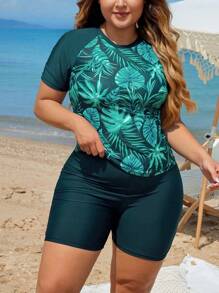Swim Lushoire 夏季 2 件套大码女士随机印花短袖上衣和宽松短裤泳装套装，美观且保守，适合休闲度假 - 綠色 - 查看 4