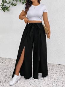 SHEIN Frenchy 女式大码休闲时尚高开叉腰带蝴蝶结系腰黑色长裤 - 黑色 - 查看 6