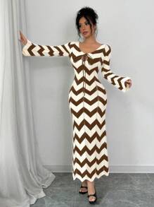 Calvaya Women Striped Lace Up Long Sleeve Casual Striped Long Sweater Dress