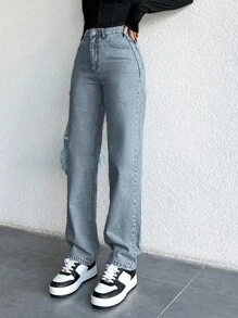 EURMUSE 100%Cotton Women'S Solid Color Straight Leg Jeans - Medium Wash - View 5