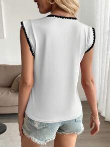 SHEIN LUNE Casual Fit Round Neck Short Cap Sleeve Contrast Ribbon T-Shirt - White - View 2