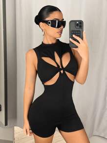 SHEIN ICON Front Twist Hollow-Out Solid Sexy Bodycon Romper - Black - View 1