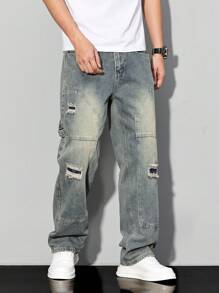 Manfinity Homme 男式破洞口袋休闲牛仔裤，日常穿着