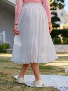 SHEIN Jupe longue plissée en mousseline pour préadolescentes, jupe blanche élégante et luxueuse pour fille, vêtements de princesse convenant à la saison des mariages, design mignon avec décorations florales/partielles, sans motifs traditionnels - Blanc - Voir 2